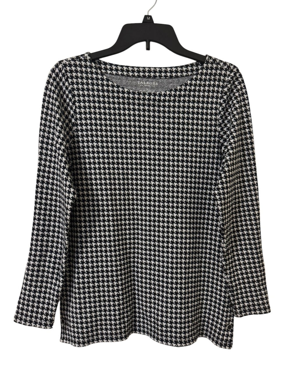 Talbots Classic Houndstooth Boat Neck Tunic Top Side Buttons Size SP